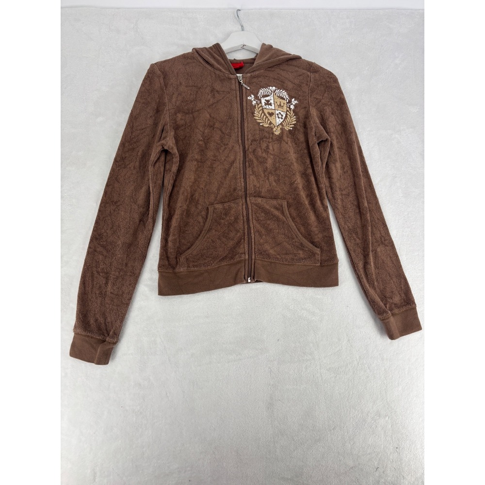 Mossimo Zip Up Hoodie‎ Womens Small Brown Terry Cloth Y2K Crest Rhinestone